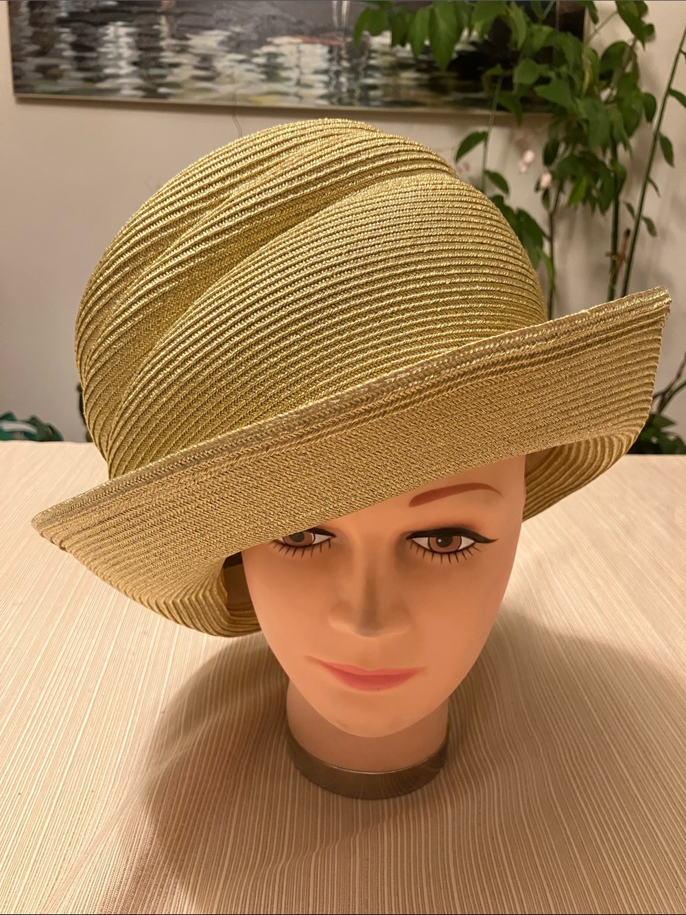 Gold Wide Brim Hat with Ribbed Texture